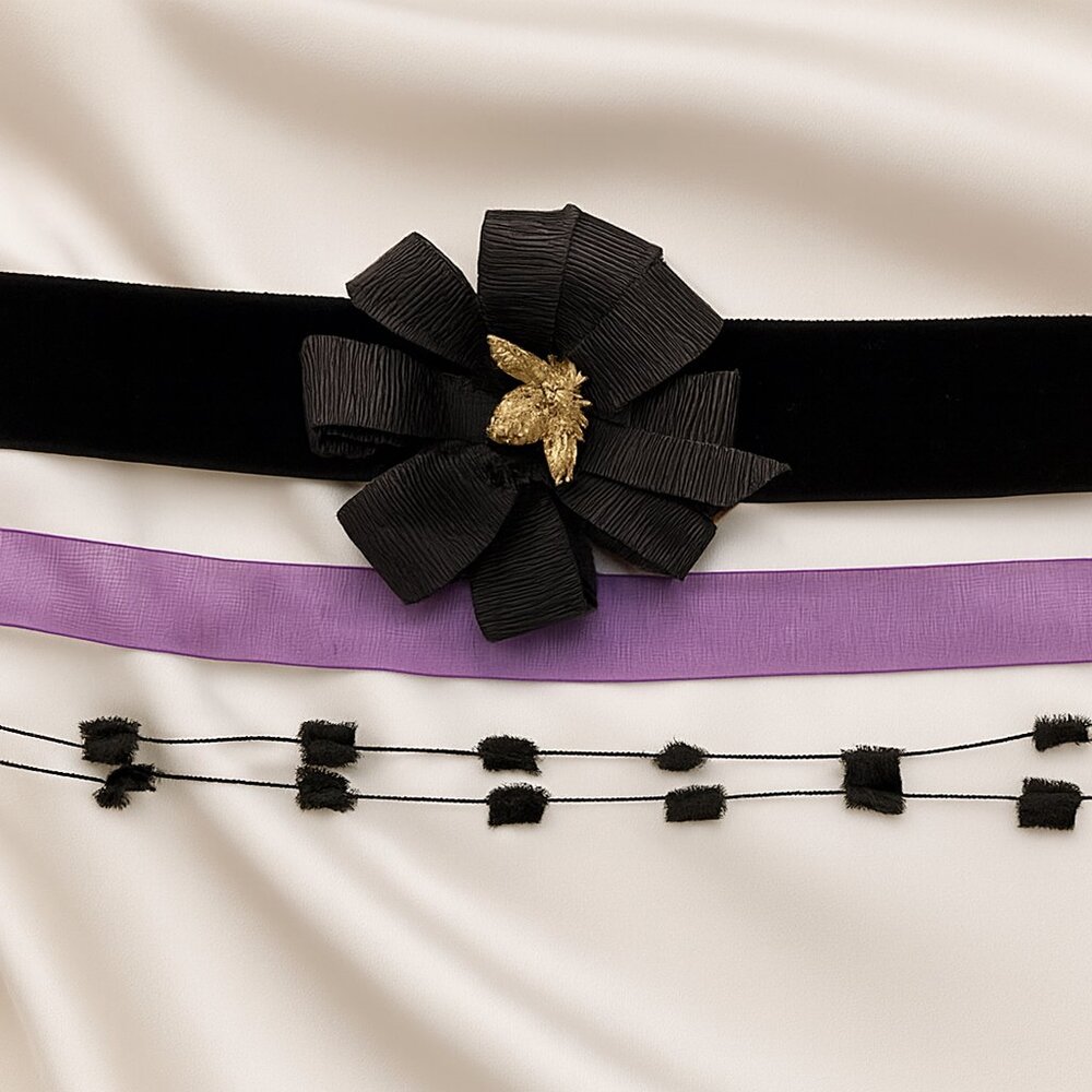 Gold Bee Pendant Choker Necklace – Purple Organza & Black Velvet Layered set